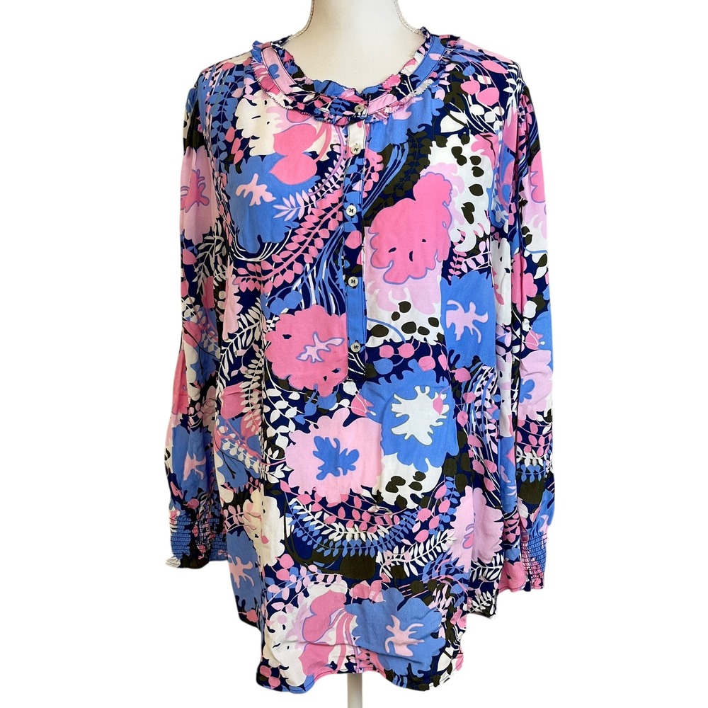TALBOTS Plus Floral Ruffle Neck‎ Blouse Tunic Size 2X Long Sleeve Top New NWT